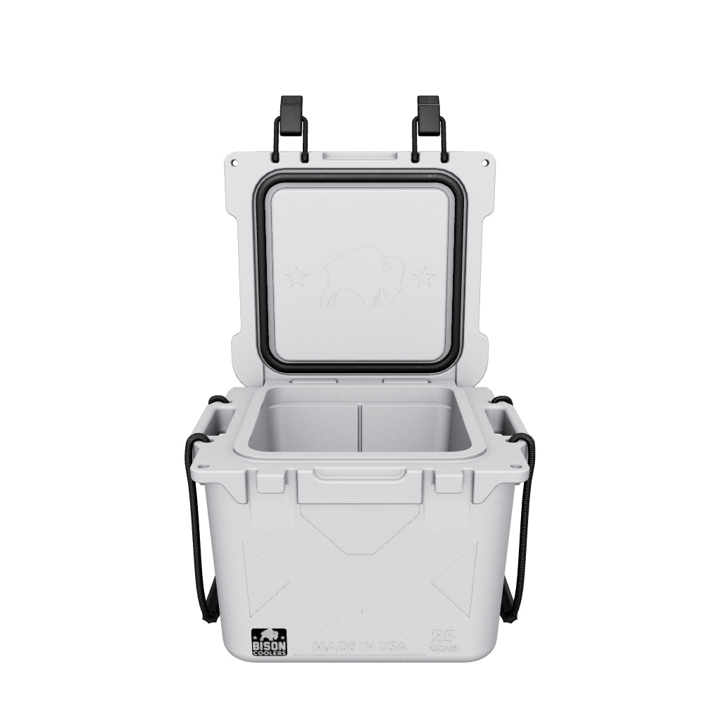 Open 25 QT Bison Cooler by Bison Coolers in light grey, showing interior and buffalo logo on lid, Made in USA.