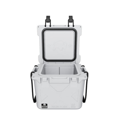 Open 25 QT Bison Cooler by Bison Coolers in light grey, showing interior and buffalo logo on lid, Made in USA.