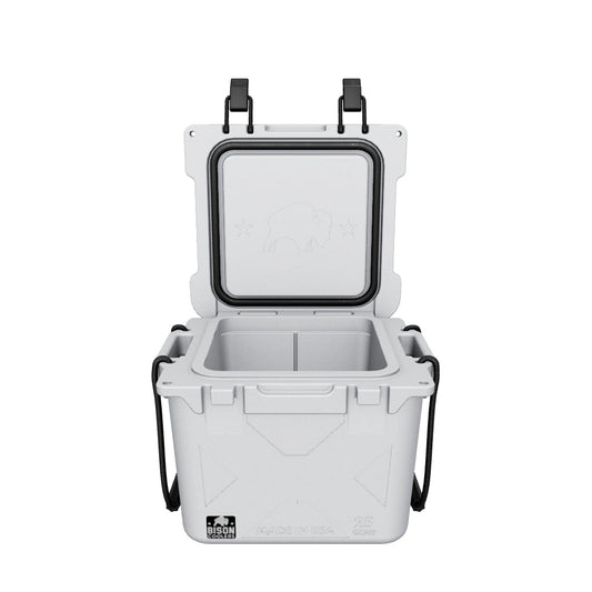 Open 25 QT Bison Cooler by Bison Coolers in light grey, showing interior and buffalo logo on lid, Made in USA.