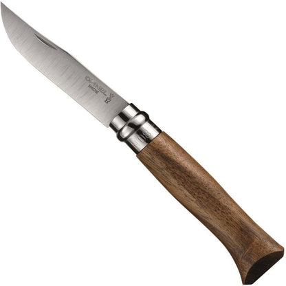 Opinel No.08 Stainless Steel Folding Knife with a brown wooden handle and an open blade on a white background.
