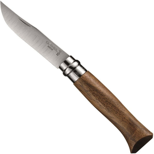Opinel No.08 Stainless Steel Folding Knife with a brown wooden handle and an open blade on a white background.