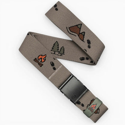 Arcade Belts Get Outside Stretch Belt, brown with mountains, trees, campfires, footprints pattern, and black buckle.