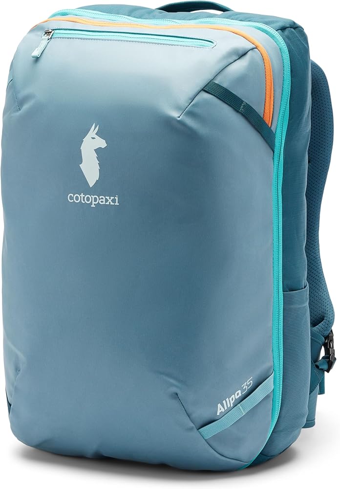 Cotopaxi Allpa 35L Travel Pack in blue/teal with orange and light blue accents, featuring the Cotopaxi logo.