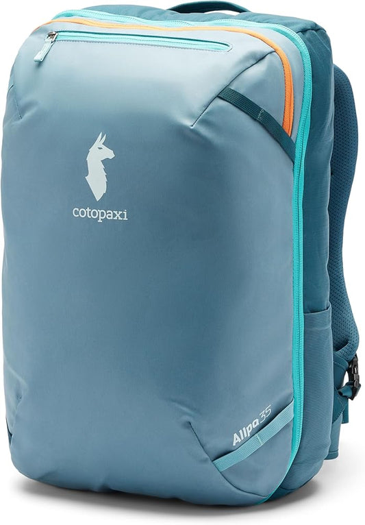 Cotopaxi Allpa 35L Travel Pack in blue/teal with orange and light blue accents, featuring the Cotopaxi logo.