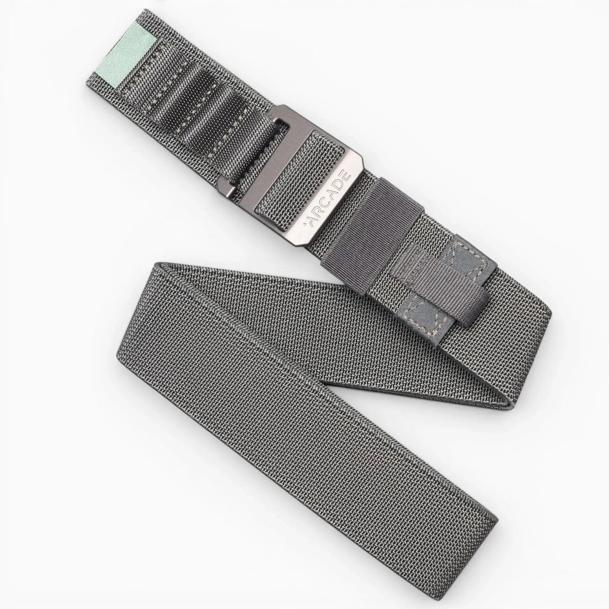 Arcade Belts Hardware Work Belt in gray, featuring a durable elastic webbing and a metallic buckle with the Arcade logo.