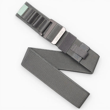 Arcade Belts Hardware Work Belt in gray, featuring a durable elastic webbing and a metallic buckle with the Arcade logo.