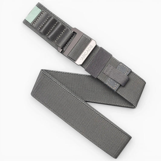 Arcade Belts Hardware Work Belt in gray, featuring a durable elastic webbing and a metallic buckle with the Arcade logo.