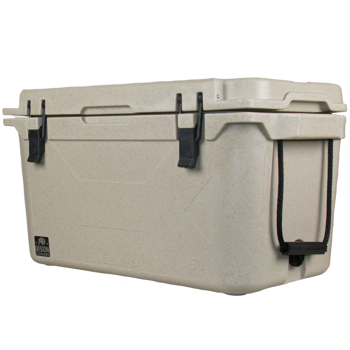 50 QT Bison Cooler by Bison Coolers in tan with black latches and rope handles, embossed "MADE IN USA" on a black background.
