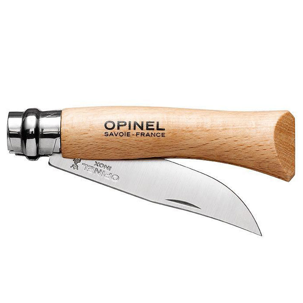 Opinel No.07 Stainless Steel Folding Knife with light wooden handle and partially open blade, showing Opinel branding.