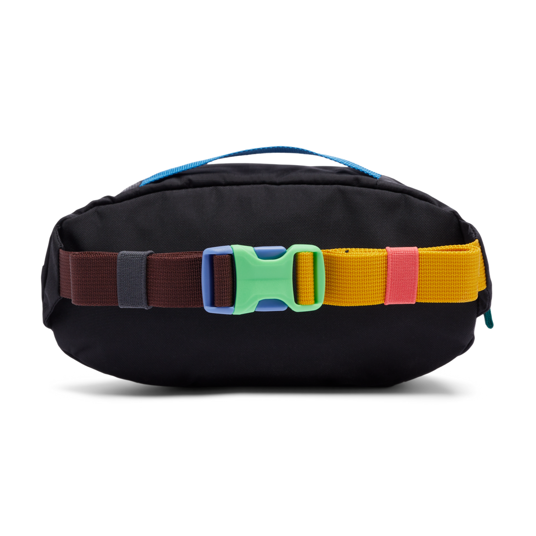 Cotopaxi Kapai 1.5L Hip Pack - Del Día Dark, black fanny pack with vibrant multi-color strap & green buckle