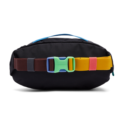 Cotopaxi Kapai 1.5L Hip Pack - Del Día Dark, black fanny pack with vibrant multi-color strap & green buckle