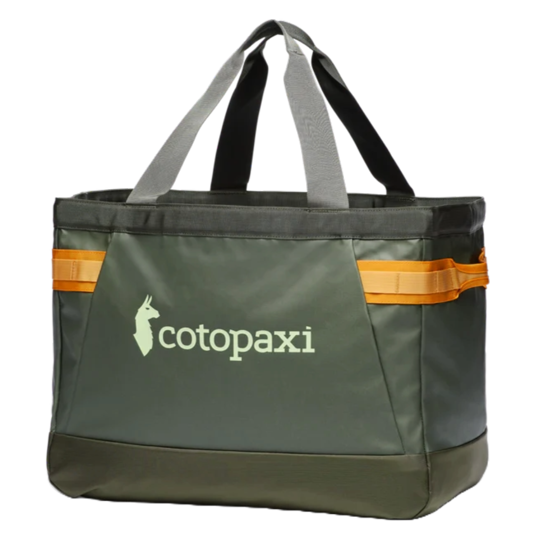 Cotopaxi Allpa 60L Gear Hauler Tote in dark green with orange accent straps, perfect for gear transport.