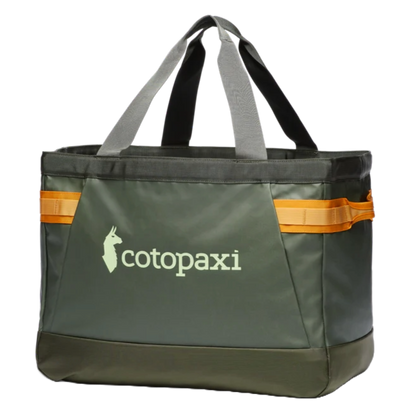 Cotopaxi Allpa 60L Gear Hauler Tote in dark green with orange accent straps, perfect for gear transport.