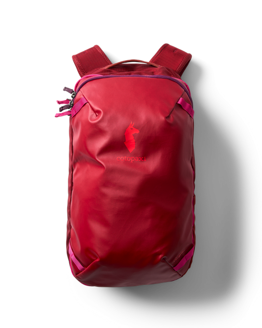 Red Cotopaxi Allpa Mini 20L Travel Pack on a white background, top-down view.