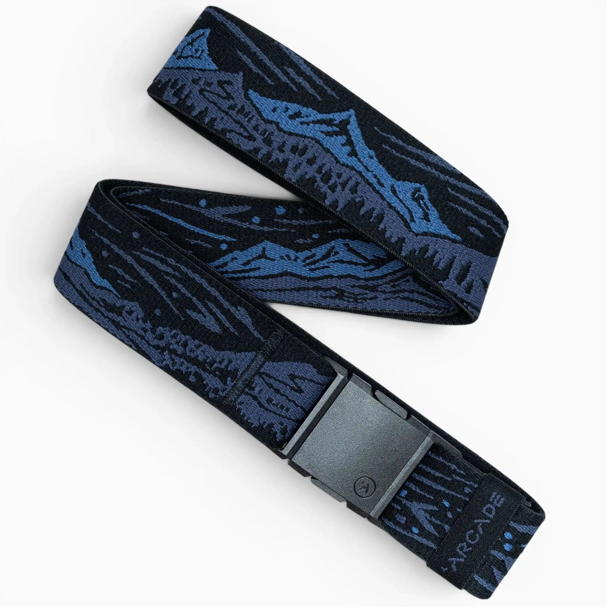 Arcade Belts Out of Range Stretch Belt, black with blue mountain and abstract patterns, and a black buckle.