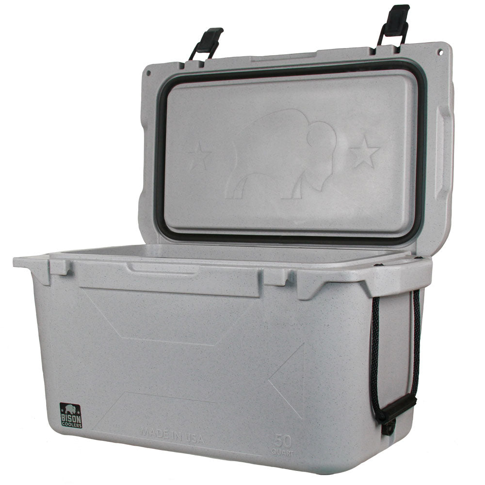 50 QT Bison Cooler in light gray with the lid open, showcasing the bison logo inside. Made in USA for durability.