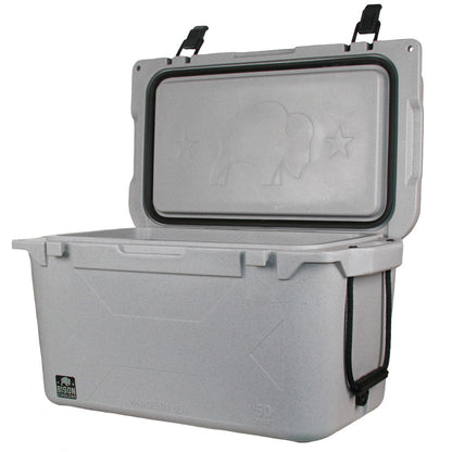 50 QT Bison Cooler in light gray with the lid open, showcasing the bison logo inside. Made in USA for durability.