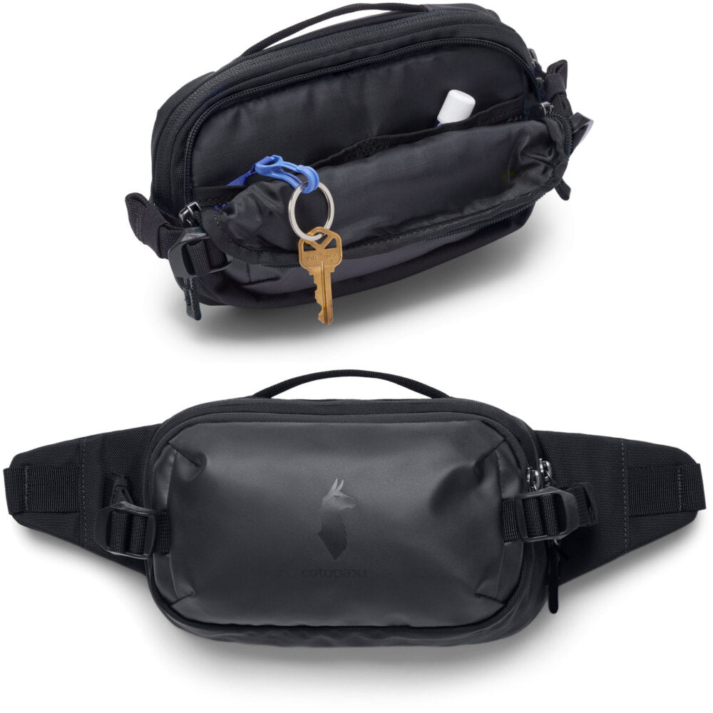 Black Cotopaxi Allpa X 1.5L Hip Pack, shown open with keys and lip balm inside, and closed displaying the logo.