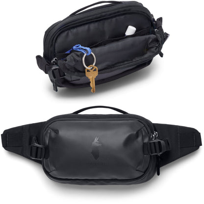 Black Cotopaxi Allpa X 1.5L Hip Pack, shown open with keys and lip balm inside, and closed displaying the logo.