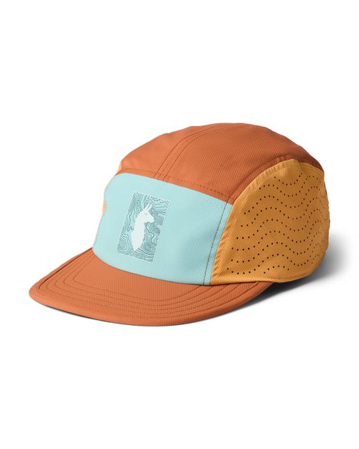 Cotopaxi Tech Plus 5-Panel Hat in orange and light blue, featuring a llama logo on a topographic map graphic, with perforated side panels.