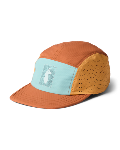 Cotopaxi Tech Plus 5-Panel Hat in orange and light blue, featuring a llama logo on a topographic map graphic, with perforated side panels.