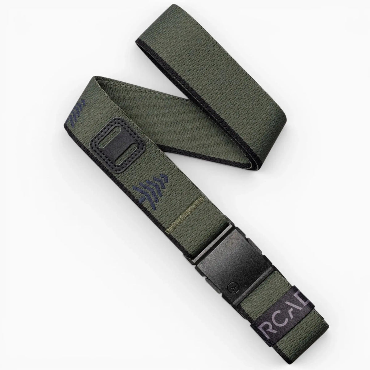 Blackwood Stretch Belt by Arcade Belts. Green woven fabric belt with a black buckle and subtle pattern, on a white background.