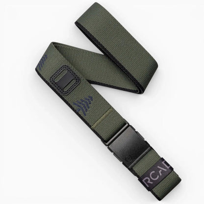 Blackwood Stretch Belt by Arcade Belts. Green woven fabric belt with a black buckle and subtle pattern, on a white background.