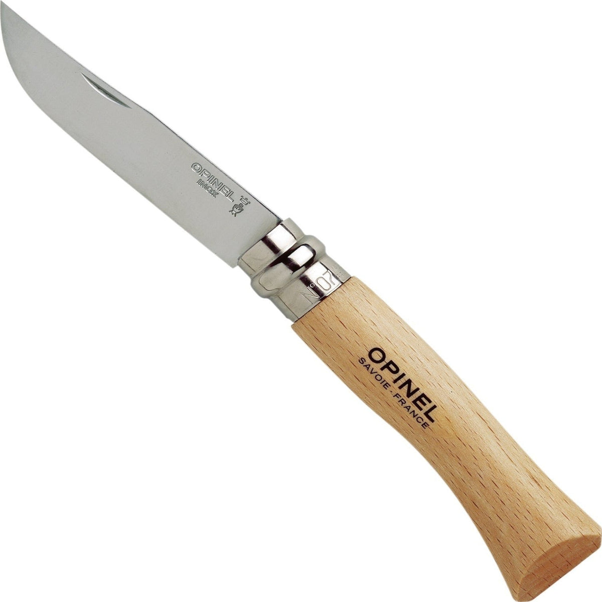 Opinel No.07 Stainless Steel Folding Knife with a natural light wood handle, on a white background.