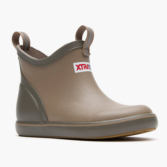Stone XTRATUF Kids' Ankle Deck Boot, side view. Waterproof boot with pull tabs for easy on and off.