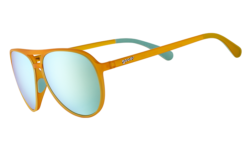 Goodr Cheesy Flight Attendant sunglasses with orange frames and light blue mirrored lenses, showing the goodr logo.