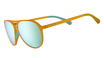 Goodr Cheesy Flight Attendant sunglasses with orange frames and light blue mirrored lenses, showing the goodr logo.