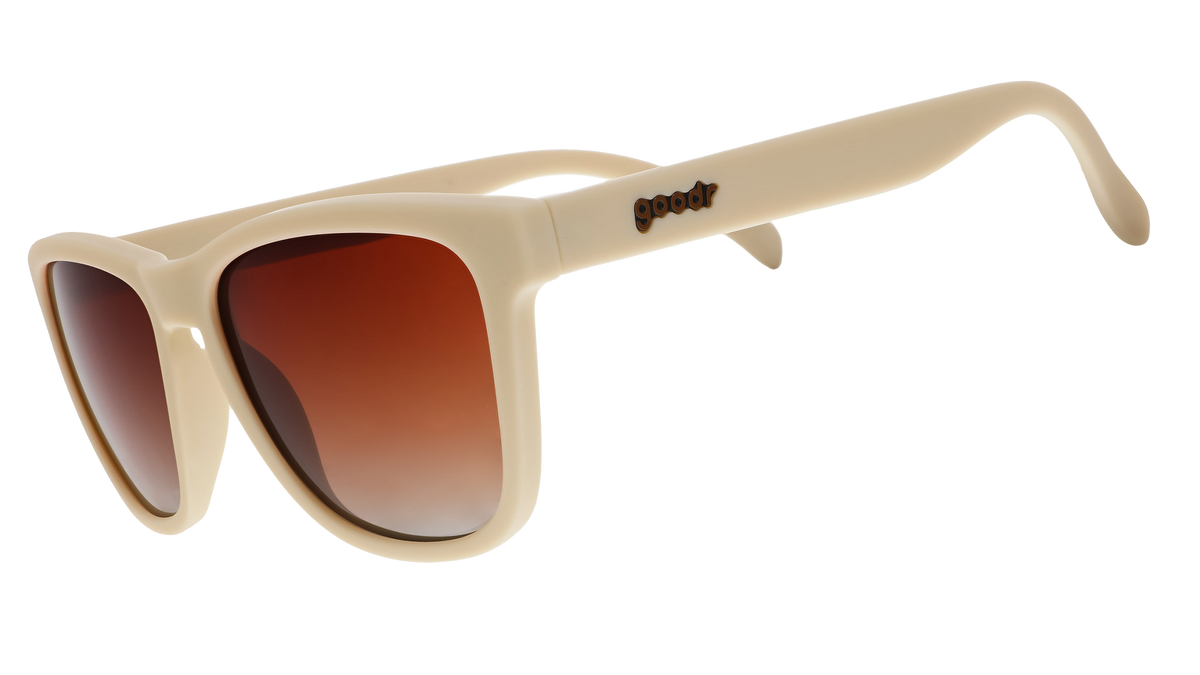 goodr "Toasted Marshmallow Magic" sunglasses with light cream frames and brown gradient lenses