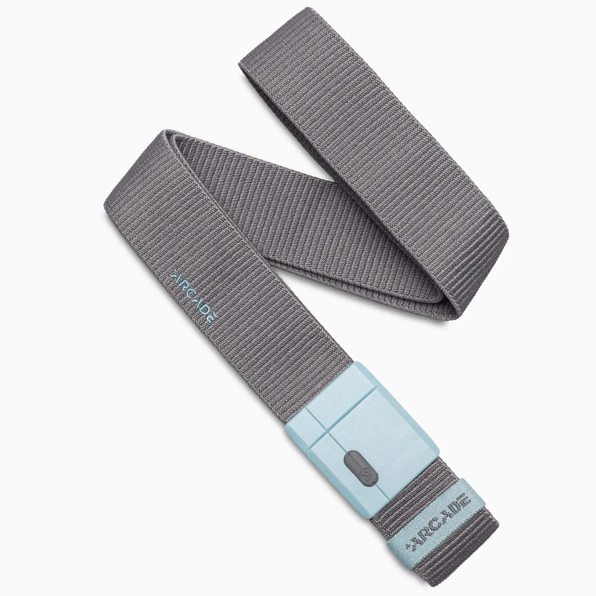 Polar Mag Stretch Belt by Arcade Belts, a grey elastic belt with light blue magnetic buckle, displayed on a white background.