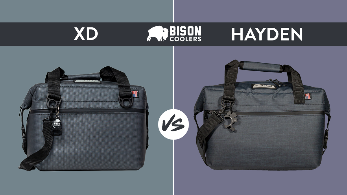 Bison Coolers 12-Can Hayden SoftPak compared to XD soft coolers. Two dark gray portable insulated bags with handles and straps.