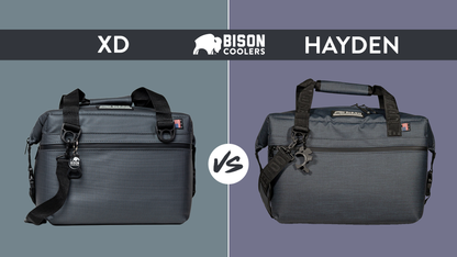 Bison Coolers 12-Can Hayden SoftPak compared to XD soft coolers. Two dark gray portable insulated bags with handles and straps.