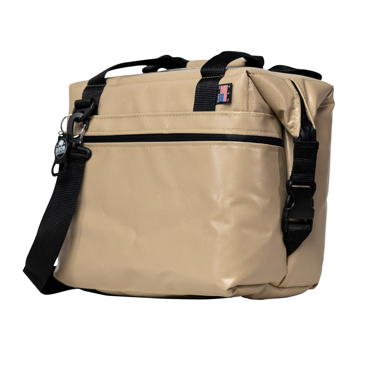 Tan 12-Can SoftPak Standard cooler bag by Bison Coolers with shoulder strap and Made in USA tag