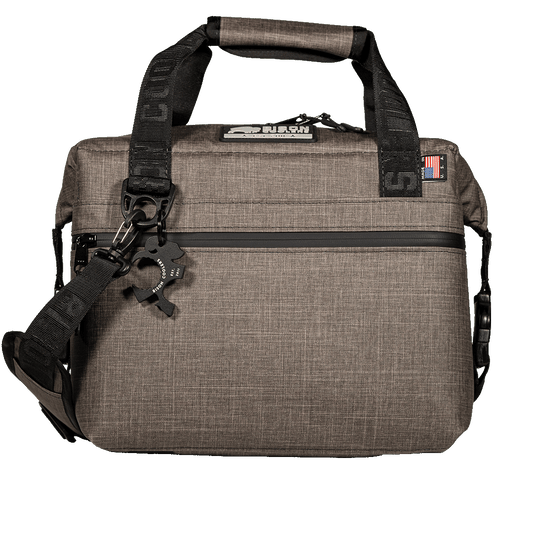 Bison Coolers 12-Can Hayden SoftPak cooler bag in gray with shoulder strap, front pocket, and bottle opener