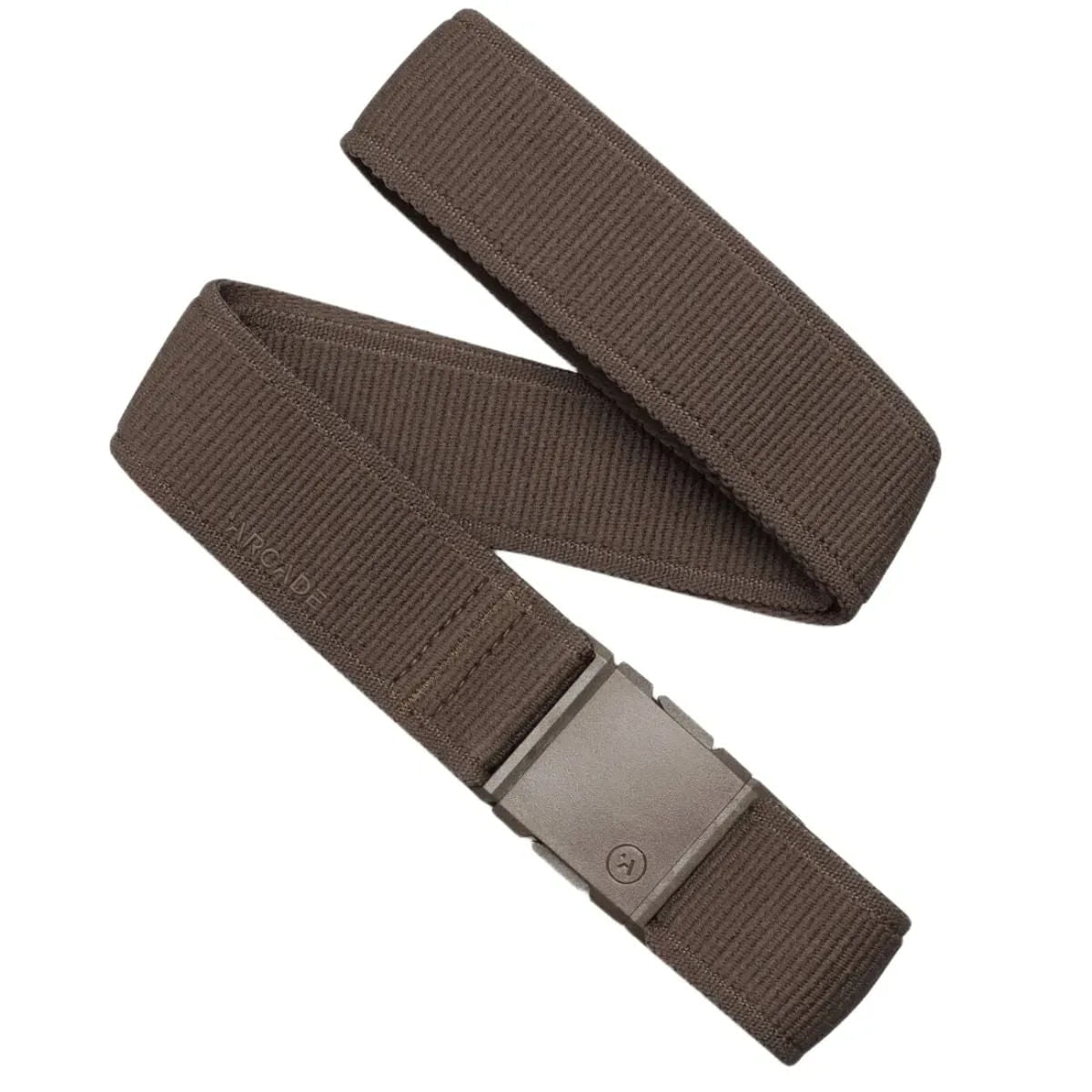 Arcade Belts Atlas Stretch Belt in dark brown with a grey buckle, shown folded. Flexible and durable adventure belt.