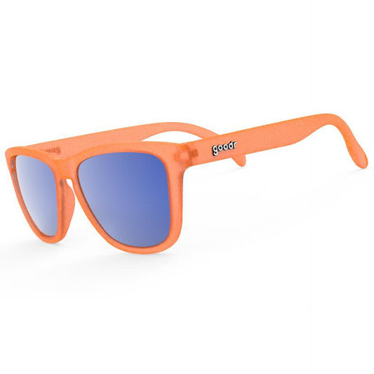 Orange goodr Donkey Goggles sunglasses with blue reflective lenses on a white background.