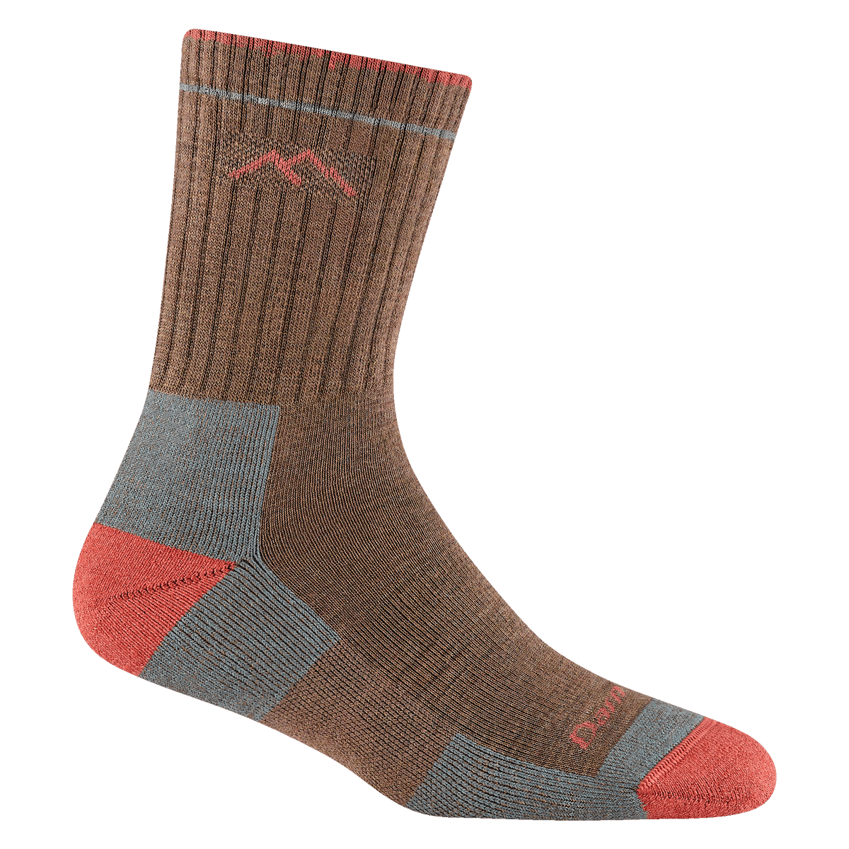 Darn Tough Women's Hiker Micro Crew Sock, brown with coral toe/heel and light blue accents, ribbed knit