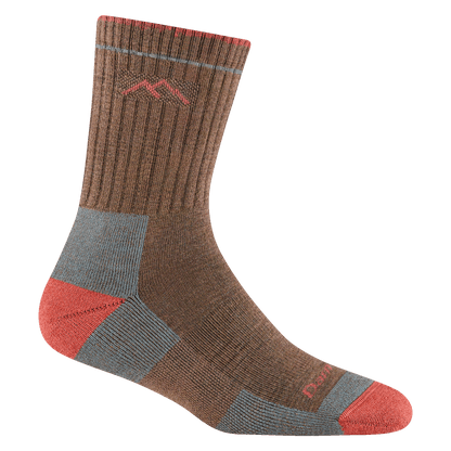 Darn Tough Women's Hiker Micro Crew Sock, brown with coral toe/heel and light blue accents, ribbed knit