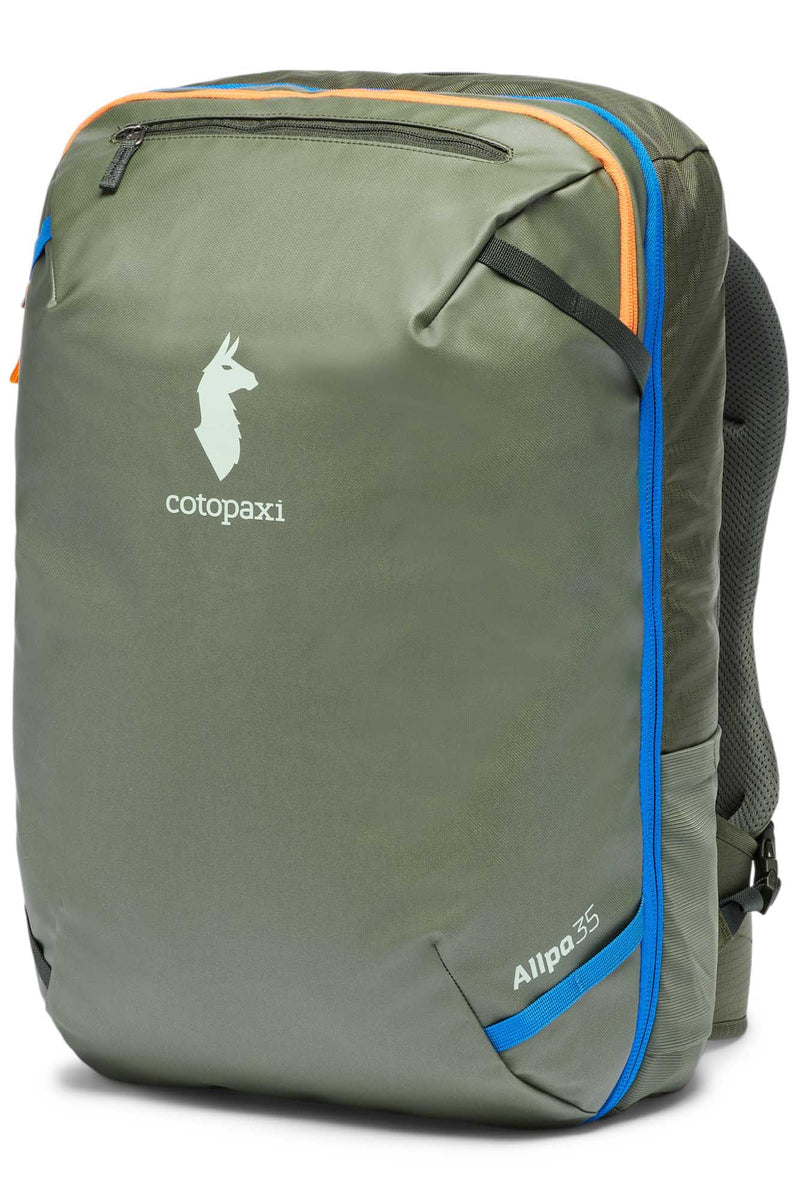 Green Cotopaxi Allpa 35L Travel Pack, a durable backpack with orange and blue zipper accents and the brand logo.