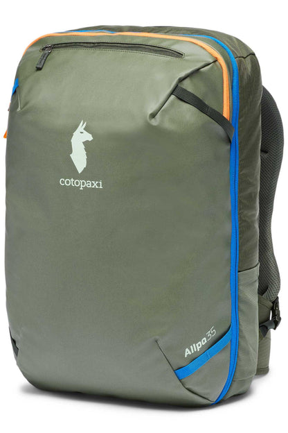 Green Cotopaxi Allpa 35L Travel Pack, a durable backpack with orange and blue zipper accents and the brand logo.