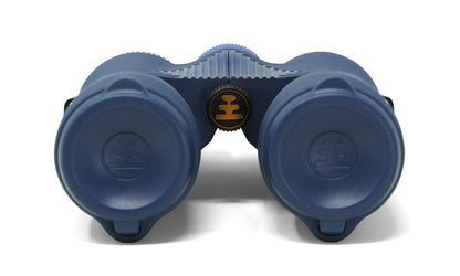 Front view of Nocs Provisions Field Issue 8x42 Binoculars in blue on a white background, with focus wheel logo