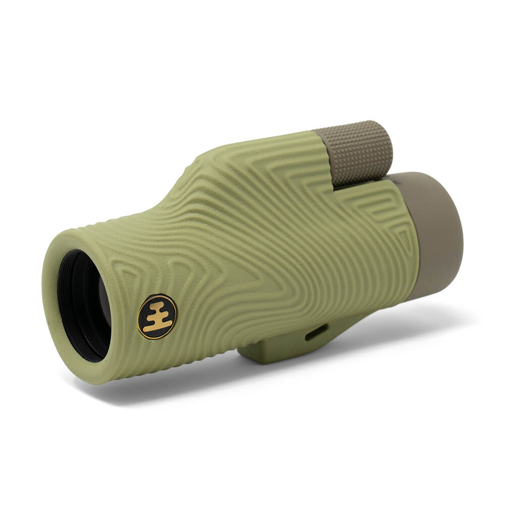 Nocs Provisions Field Tube 32mm Monocular, olive green with textured grip and focus knob, isolated on white
