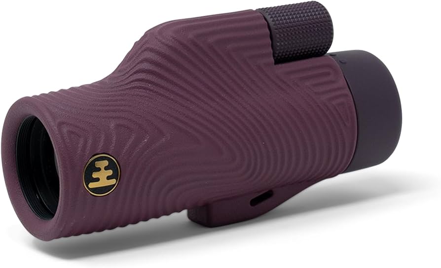Nocs Provisions Field Tube 32mm Monocular in purple with a textured grip and gold logo, angled view.