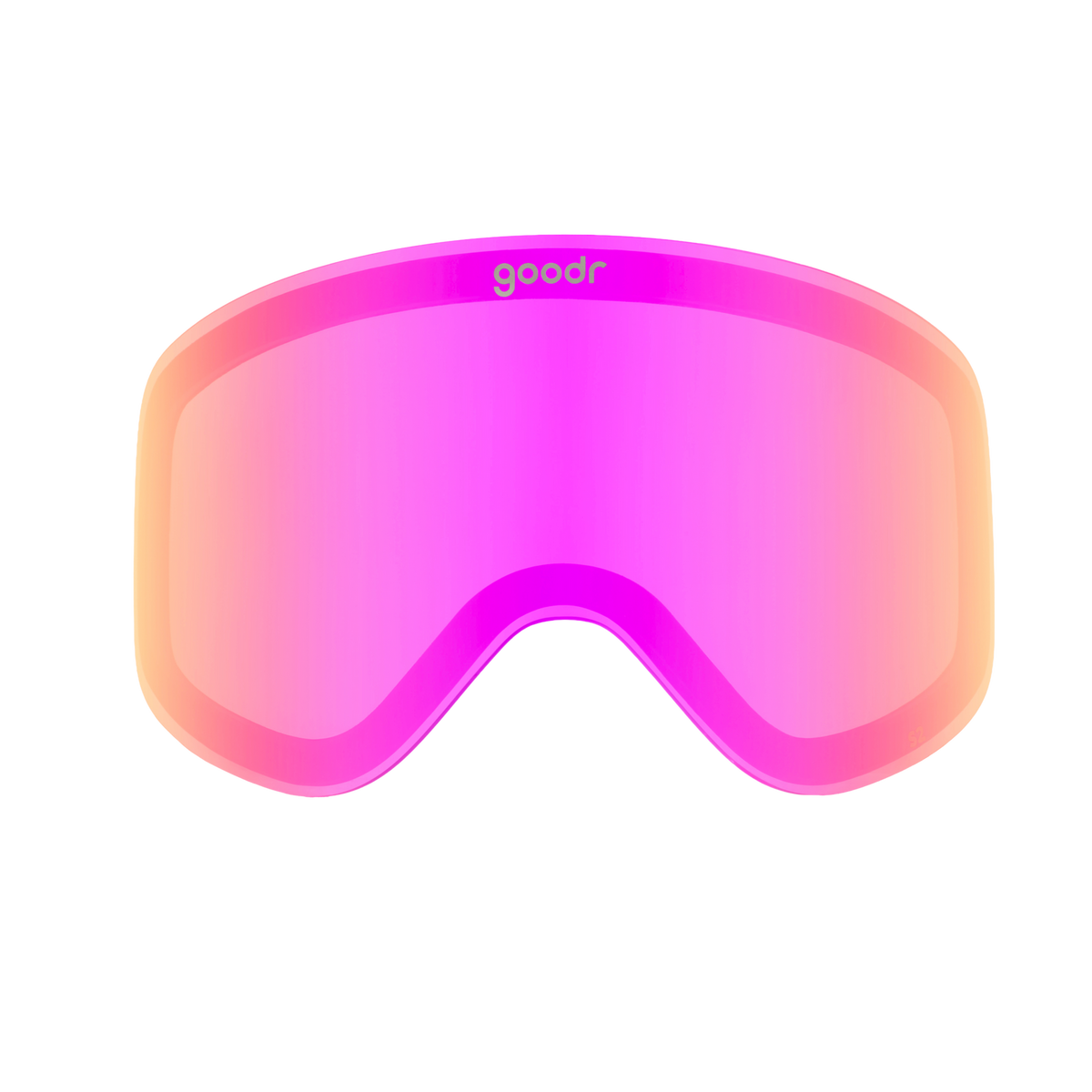 goodr Frosted Bubblegum goggle lens, standalone, curved, with a vibrant pink and orange gradient tint.