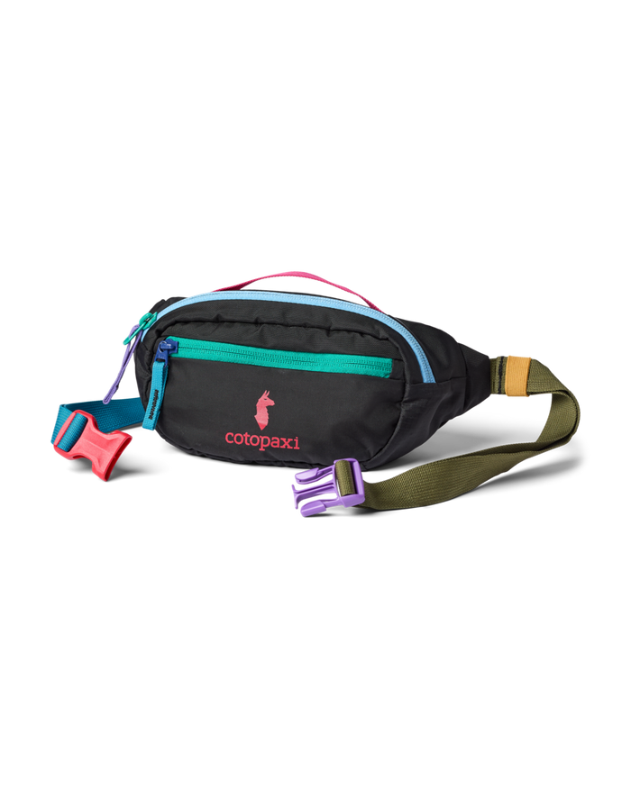 Cotopaxi Kapai 1.5L Hip Pack in black with teal, blue, pink, and purple accents and an olive strap.