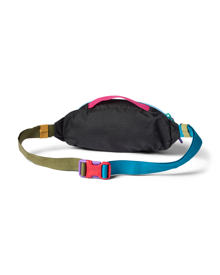 Cotopaxi Kapai 1.5L Hip Pack in black with colorful straps (pink, blue, green) and a red/purple buckle.