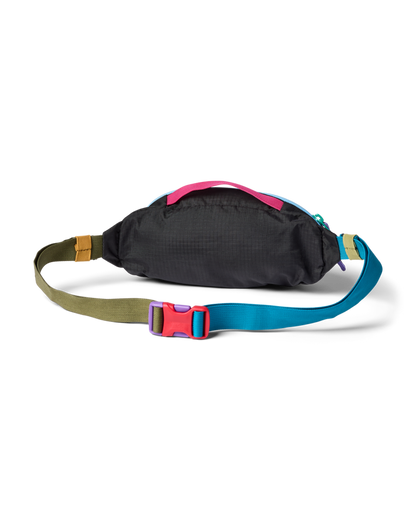 Cotopaxi Kapai 1.5L Hip Pack in black with colorful straps (pink, blue, green) and a red/purple buckle.